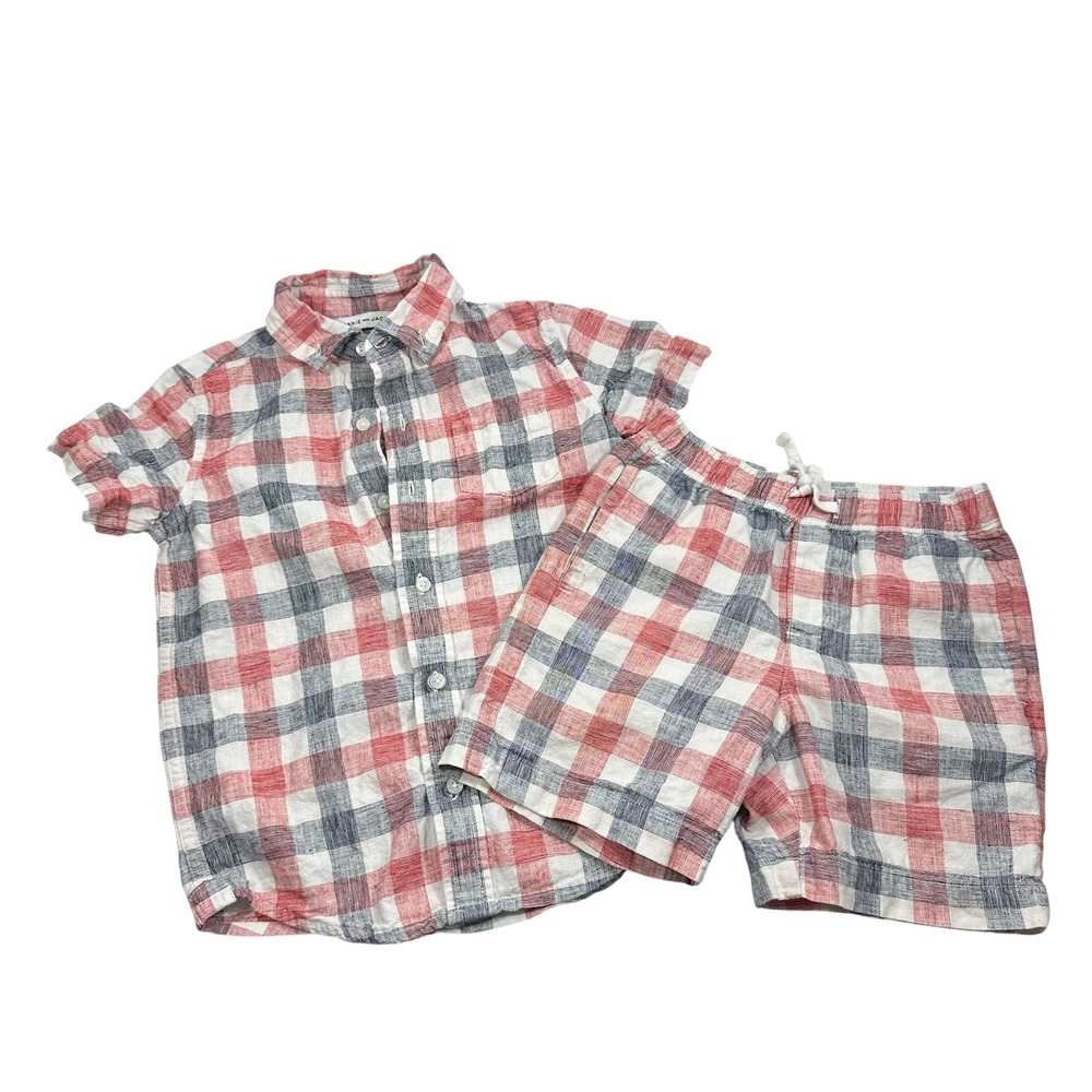 Janie and Jack Gingham Plaid Shirt and Shorts Set Kids Size 5 Red Blue Linen